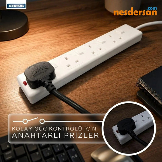 Status 4 Soketli 1 Metre Kablolu Her Bir Soketi Anahtarlı Beyaz Seyyar Priz Uzatma Kablosu