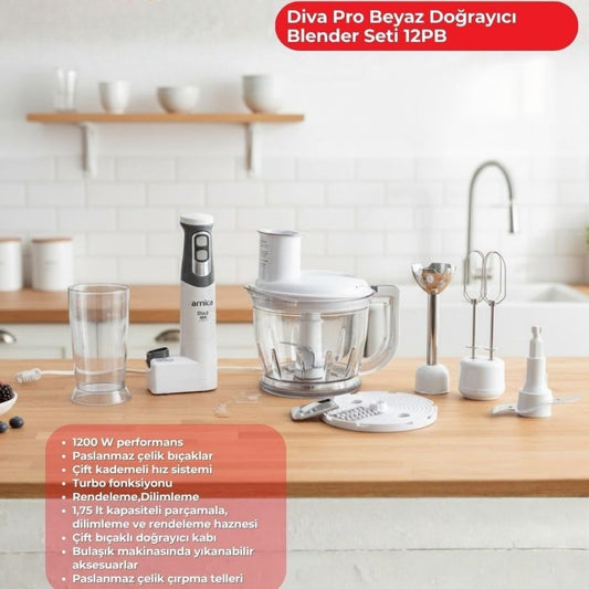 Arnica Diva Pro Doğrayıcı Blender Seti Beyaz