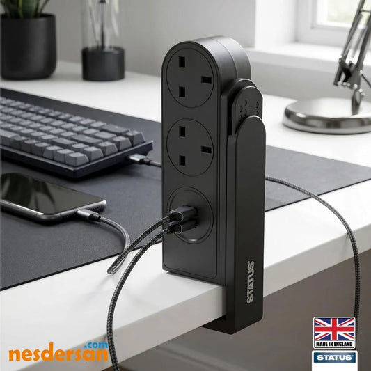 Status 2 Soketli 1.5 Metre Kablolu 1 USB-A ve 1 USB-C Girişli Kıskaçlı Siyah Dekoratif Seyyar Priz Uzatma Kablosu