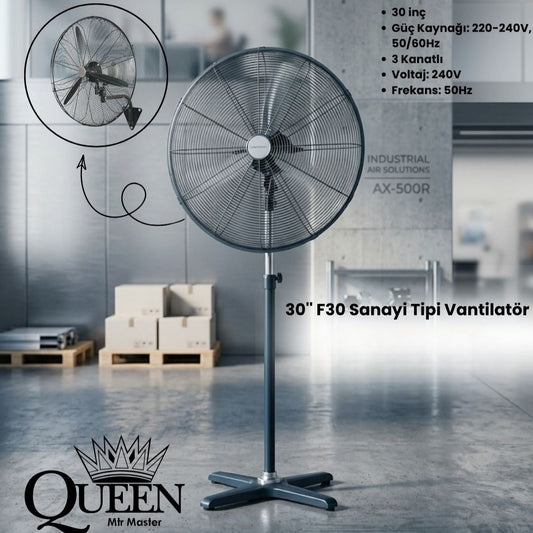 Queen 30'' 3 Kanatlı Sanayi Tipi Vantilatör Siyah