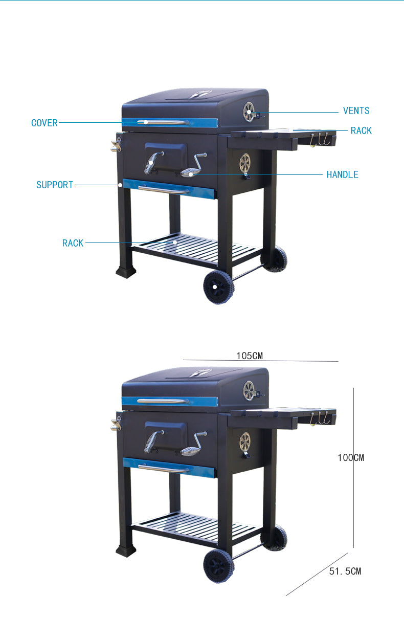 Ayarlanabilir Raflı Kömürlü Termometreli Barbekü Bahçe Izgarası Mangal