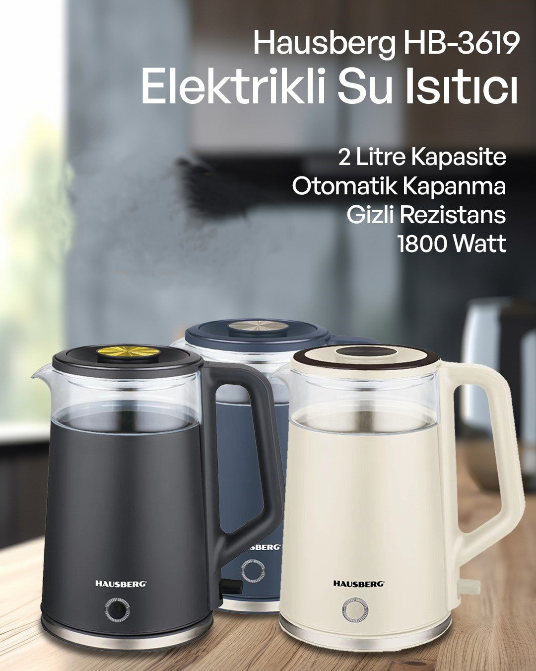 Hausberg Gizli Rezistanslı 2 Litre Elektrikli Su Isıtıcısı Kettle Gri