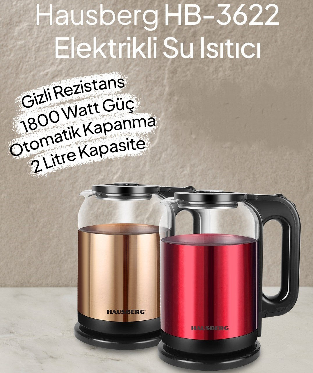 Hausberg 1.8 Lt Gizli Rezistanslı Elektrikli Su Isıtıcı Kettle Kırmızı
