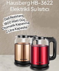 Hausberg 1.8 Lt Gizli Rezistanslı Elektrikli Su Isıtıcı Kettle Kırmızı