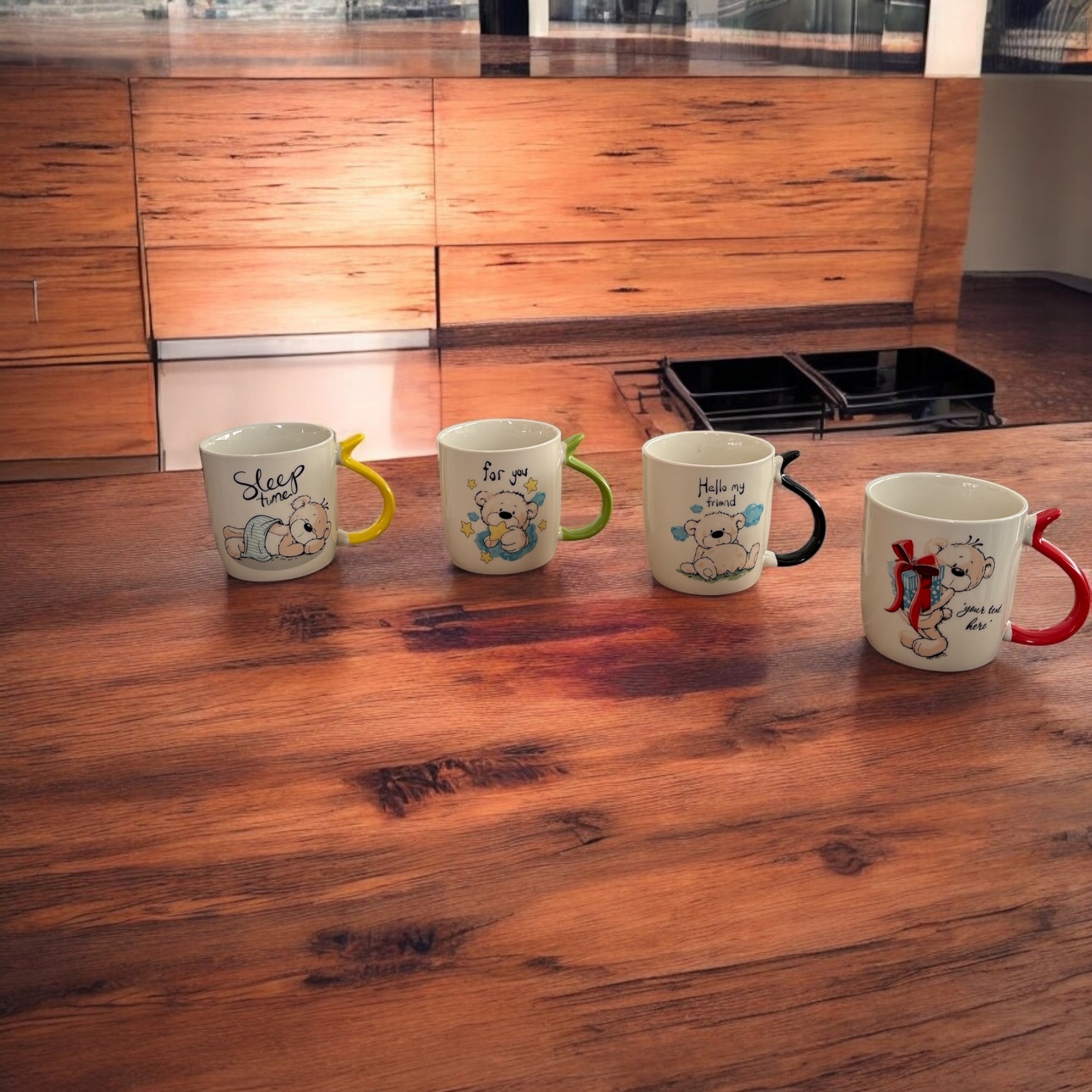 Dört Adet Renkli Saplı Yazılı 400 ml Kupa Mug