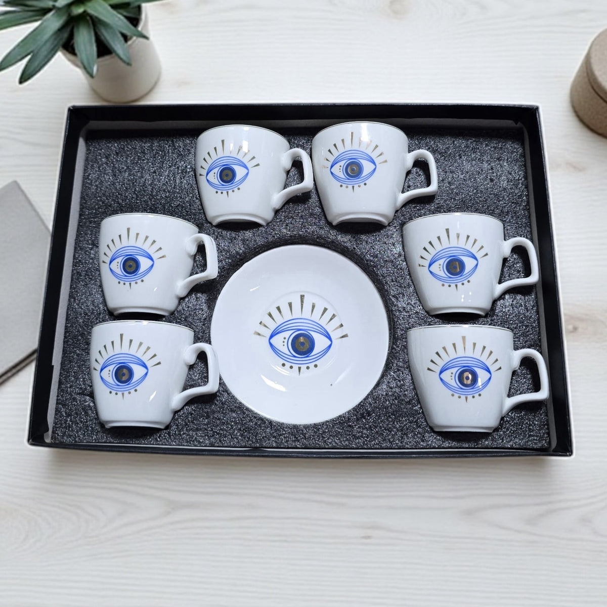 Nazar Boncuğu Işıltılı Göz Desenli 6 Kişilik Kahve Fincan Takımı