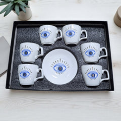 Nazar Boncuğu Işıltılı Göz Desenli 6 Kişilik Kahve Fincan Takımı