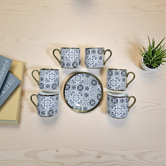Gold Ayrıntılı Retro Mozaik Desen 6 Kişilik Kahve Fincan Takımı