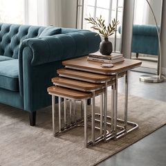 Dörtlü Tekerlekli İç İçe Geçebilen Kare Koyu Ahşap Zigon Seti Krom Ayak