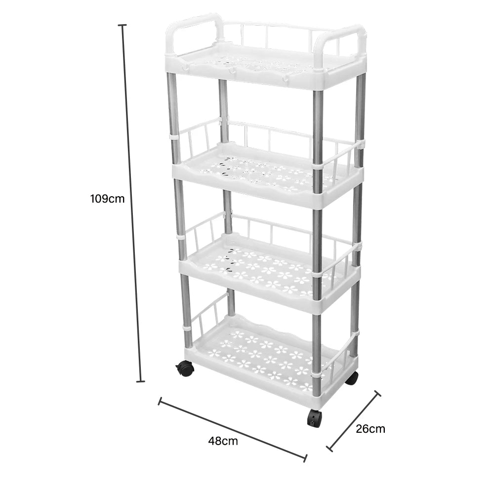 4 Katlı Çok Amaçlı Tekerlekli Beyaz Raf