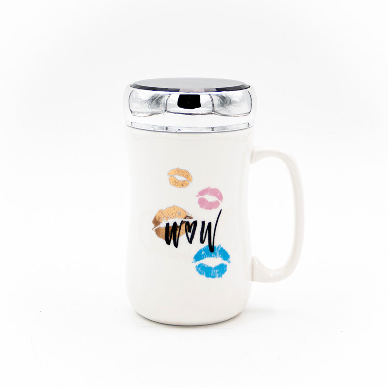 Dudak Desenli Ayna Kapaklı Seramik Mug Kupa