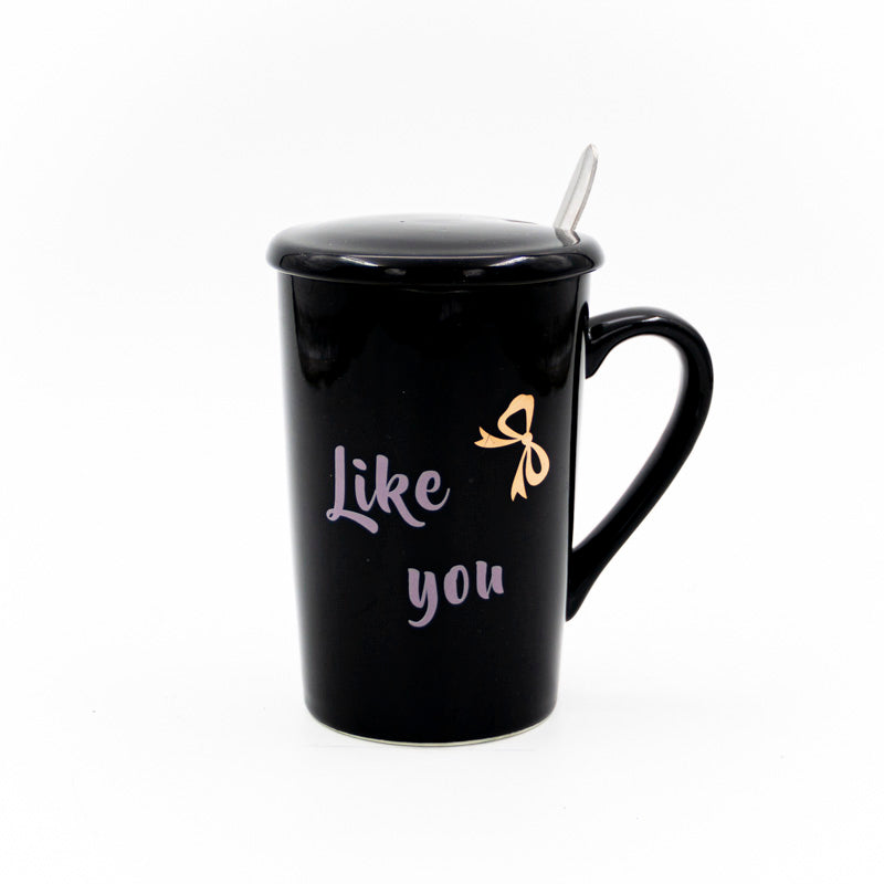 Like You Yazılı Seramik Kapaklı Kaşıklı Mug Kupa Siyah