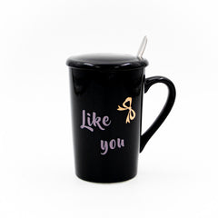 Like You Yazılı Seramik Kapaklı Kaşıklı Mug Kupa Siyah