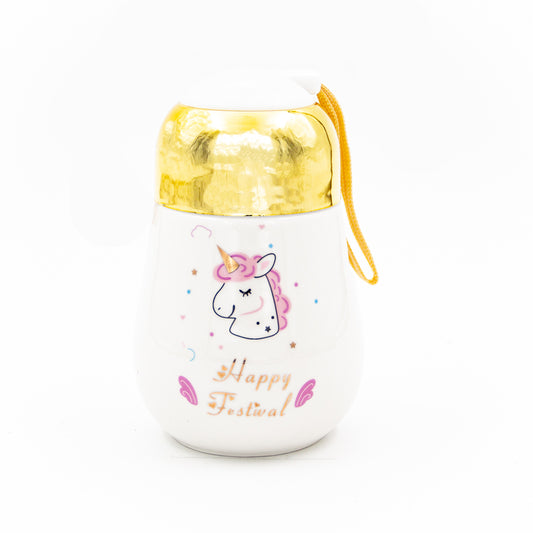 Seramik Happy Festival Yazılı Desenli Gold Kapaklı Termos Bardak