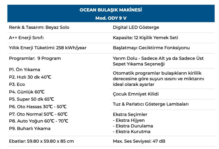 Ocean A++ Bulaşık Makinesi. Inox