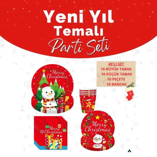 On Kişilik 40 Parça Yılbaşı Temalı Kağıt Tabak Bardak Seti Kırmızı