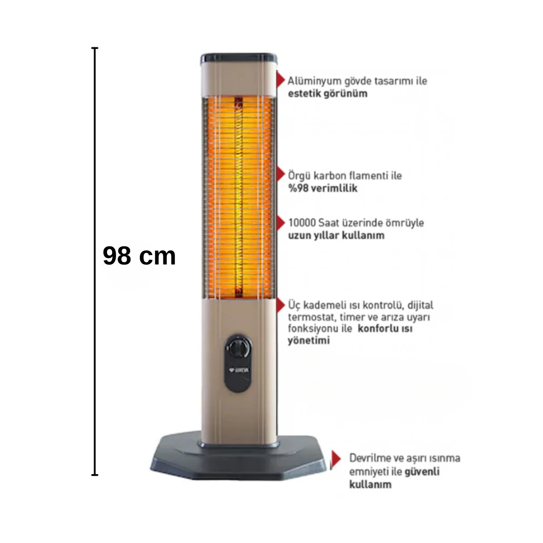 Ventino Ayaklı Elektrikli 2000 W Karbon Isıtıcı Soba Gümüş
