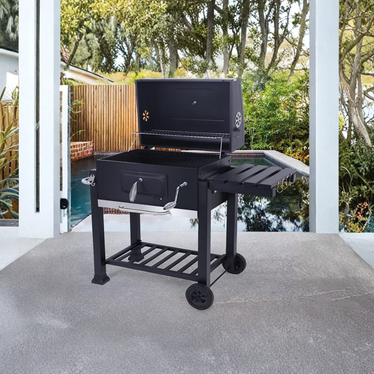 Ayarlanabilir Raflı Kömürlü Termometreli Barbekü Bahçe Izgarası Mangal