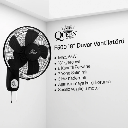 Queen 18'' 5 Kanatlı Sessiz Duvar Vantilatörü Siyah