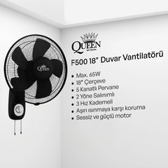 Queen 18'' 5 Kanatlı Sessiz Duvar Vantilatörü Siyah