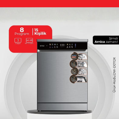 Arnica 15 Kişilik 8 Program Dokunmatik Bulaşık Makinesi Silver