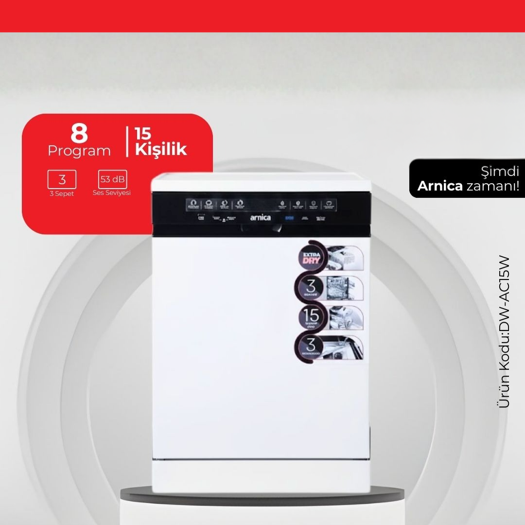 Arnica 15 Kişilik 8 Program Dijital Bulaşık Makinesi Beyaz