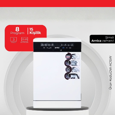 Arnica 15 Kişilik 8 Program Dijital Bulaşık Makinesi Beyaz