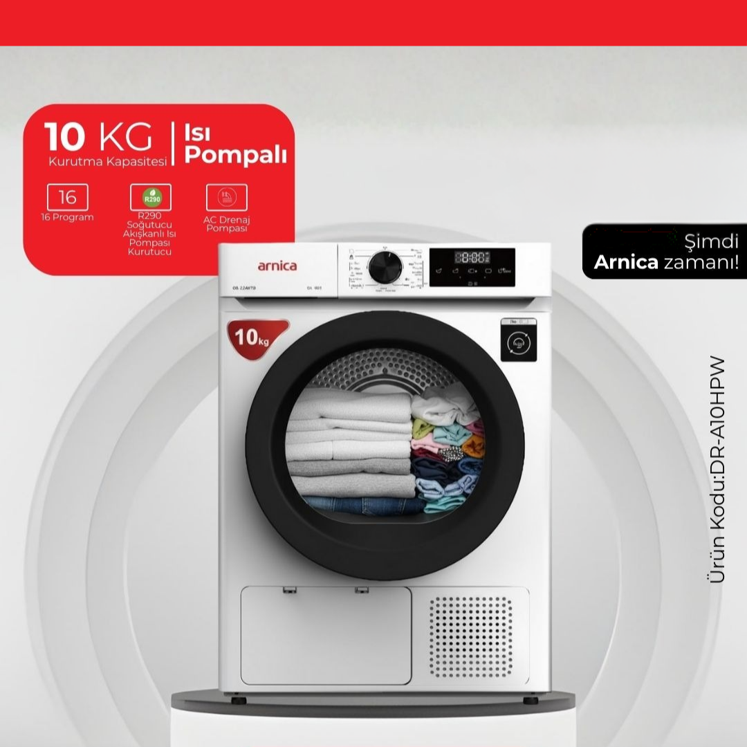 Arnica 10 Kg Isı Pompalı Dokunmatik Çamaşır Kurutma Makinesi Beyaz