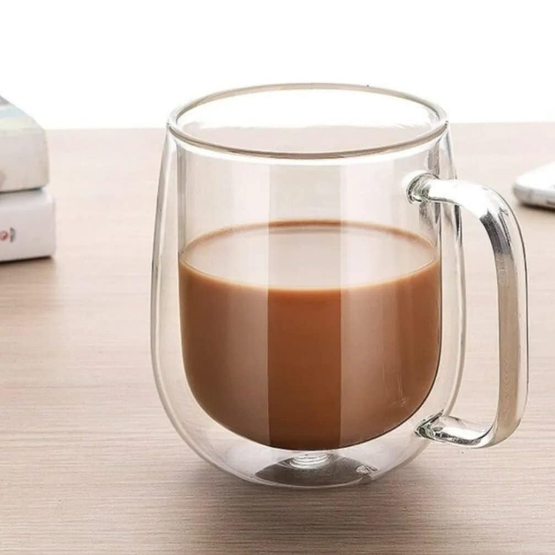 Çift Cidarlı Kulplu 350 ml Cam Bardak Kupa