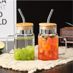 Borosilkat Cam Bambu Kapaklı Pipetli Bardak