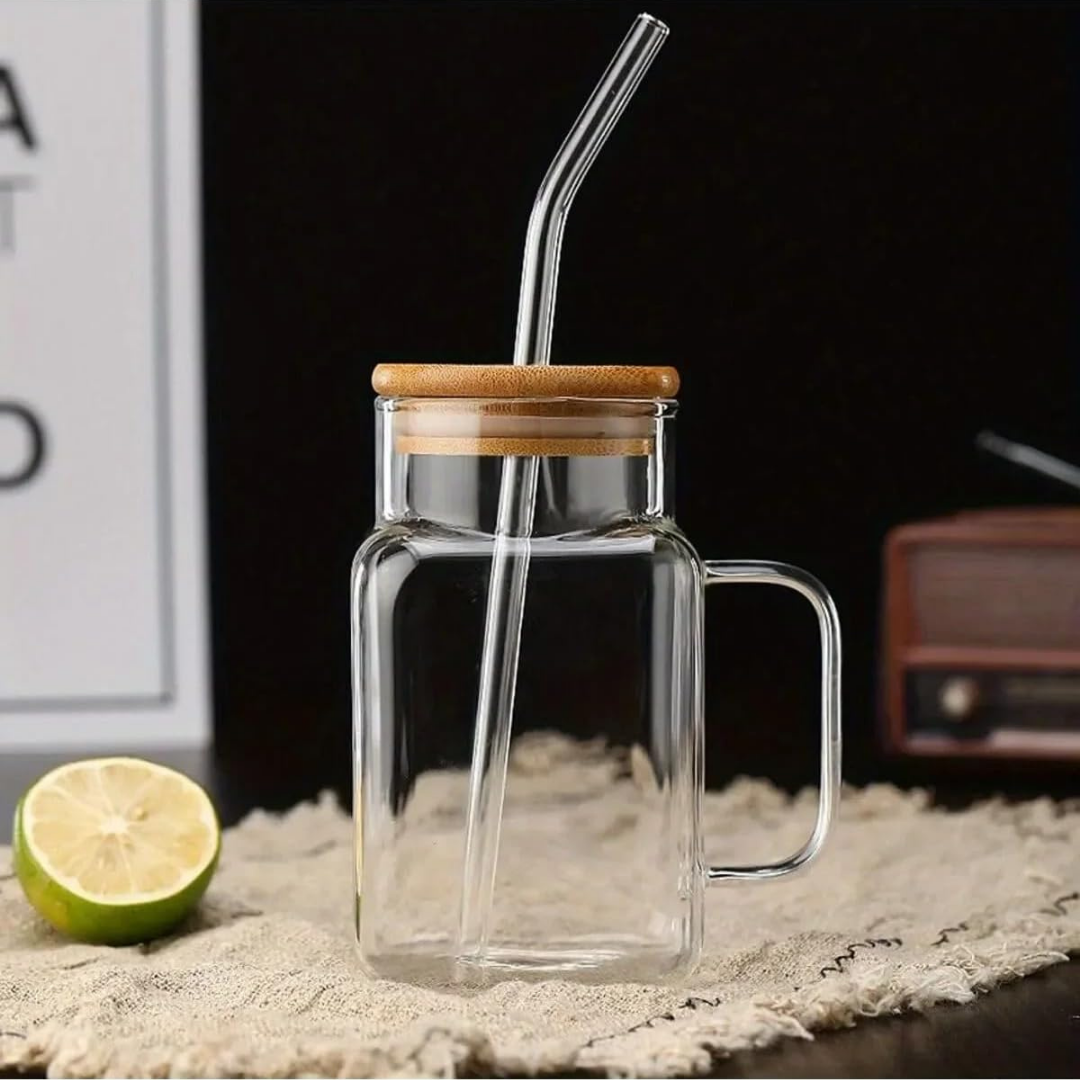 Borosilkat Cam Bambu Kapaklı Pipetli Bardak