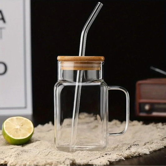 Borosilkat Cam Bambu Kapaklı Pipetli Bardak