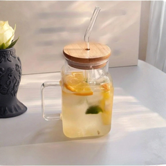 Borosilkat Cam Bambu Kapaklı Pipetli Bardak