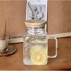 Borosilkat Cam Bambu Kapaklı Pipetli Bardak