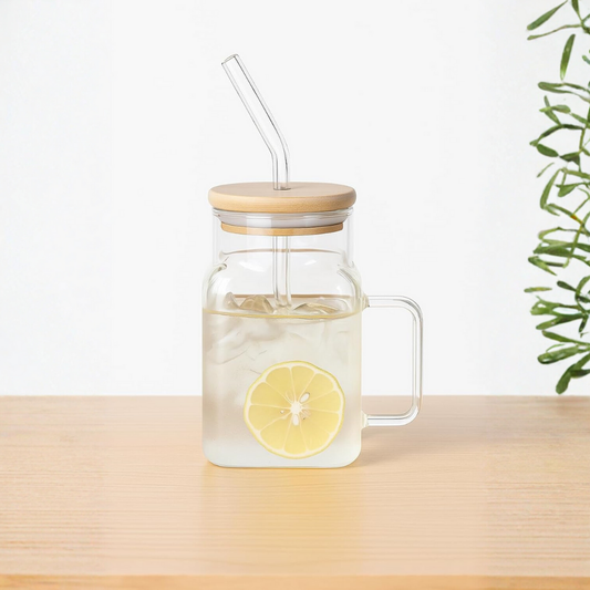 Borosilkat Cam Bambu Kapaklı Pipetli Bardak