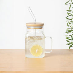 Borosilkat Cam Bambu Kapaklı Pipetli Bardak