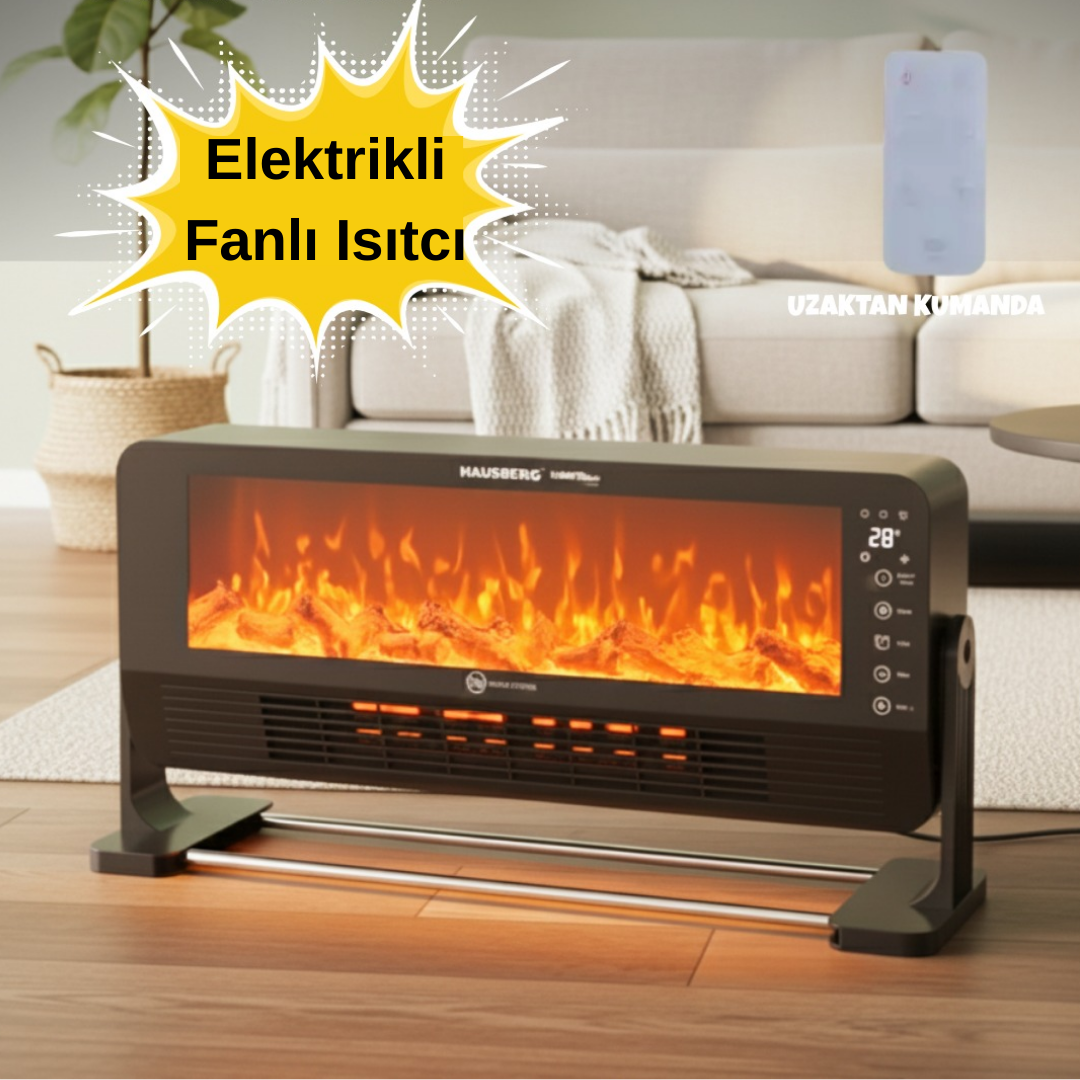 Hausberg Alev Etkili Elektrikli Fanlı Şömine Isıtıcı Siyah