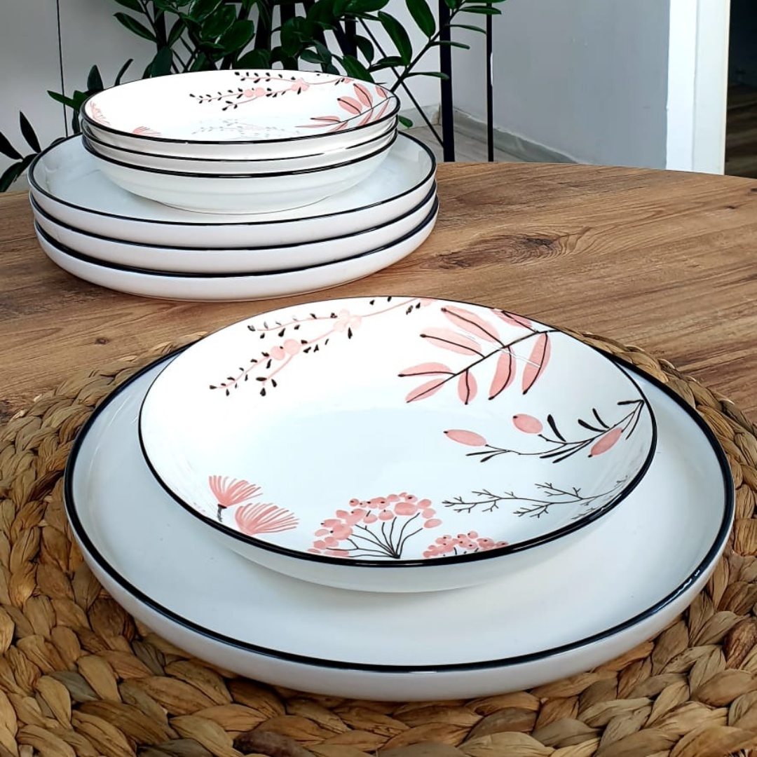 4 kişilik 8 Parça Pembe Çiçek Desenli Yemek Takımı