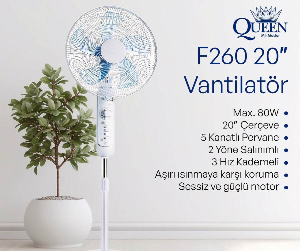 Queen 20'' 5 Kanatlı 3 Hız Kademeli Sessiz Vantilatör Beyaz