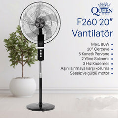 Queen 20'' 5 Kanatlı Sessiz Vantilatör Siyah