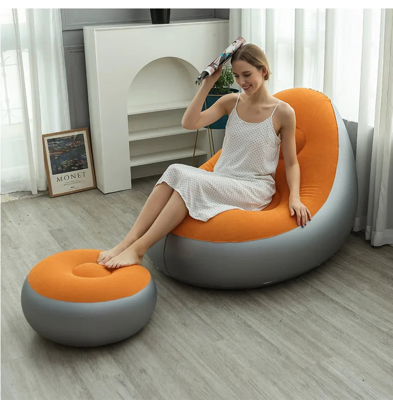 Dahili Pompalı Tabureli Yuvarlak Şişme Koltuk Turuncu