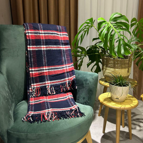 Pamuklu Tek Kişilik 150x200 Cm Battaniye Kare Desenli Lacivert