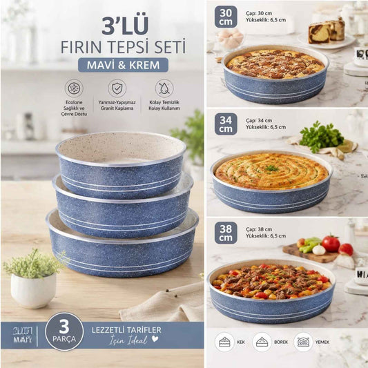 Queen Time 3'lü Granit Fırın Tepsisi Mavi