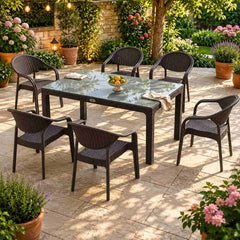 Heniver Vektör 6 Kişilik Camlı 90x150 cm Oturma Grubu Seti Kahve