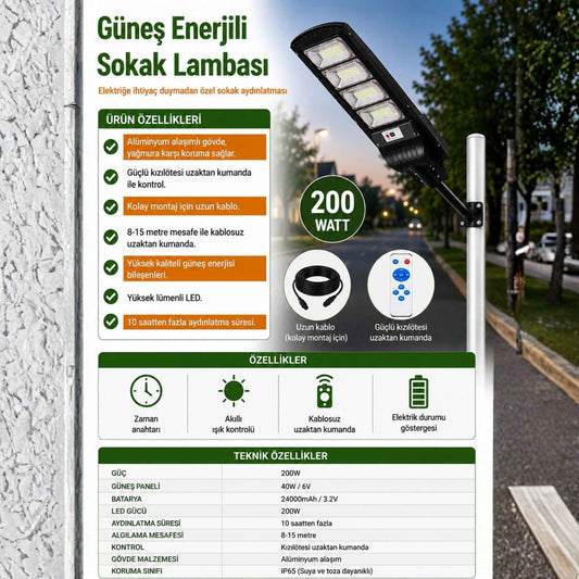 Solar Güneş Enerjili Dahili Panelli 200 W Kumandalı Sokak Lambası Projektör