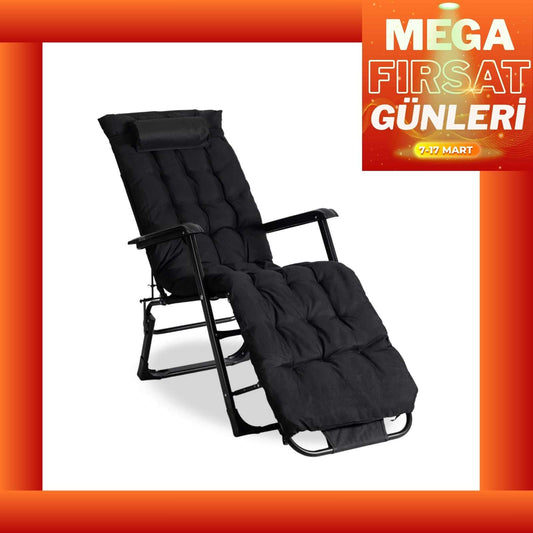 Katlanabilir Minderli 180 Derece Açılabilen Şezlong Koltuk Siyah