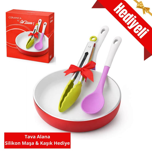 Arzum Ceramicart 24 cm. Kırmızı Tava Silikon Kaşık ve Maşa HEDİYELİ