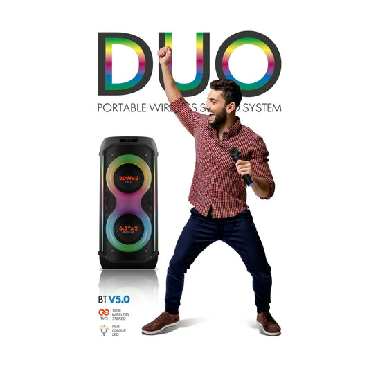 Powerway Duo XL Taşınabilir Mikrofonlu Led Işıklı 20x2 W Karaoke Ses Kayıt Bluetooth Hoparlör