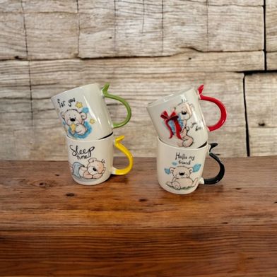 Dört Adet Renkli Saplı Yazılı 400 ml Kupa Mug