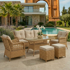 Rattan Balkon Bahçe Teras Oturma Grubu Camlı Masa 3+1+1 ve 2 Puf Açık Kahve